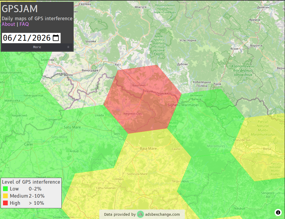 GPSJAM website confirming high GPS interference near Igniș
