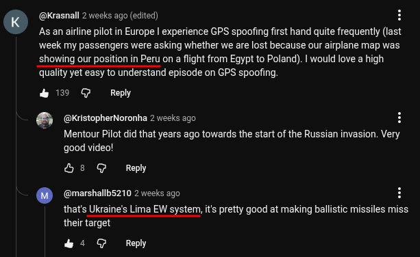 YouTube comments: an airline pilot reports his map showing Peru, and a reply names Ukraine’s Lima EW system