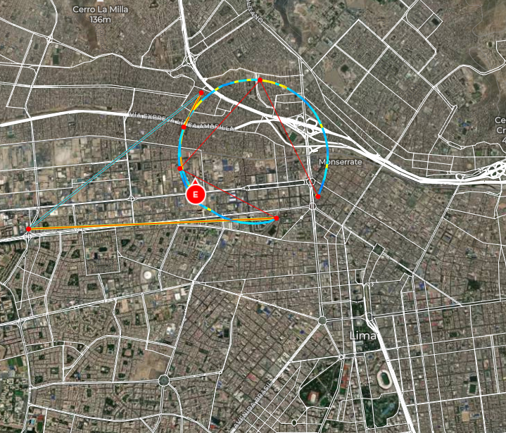Map showing a circling track in Lima, Peru
