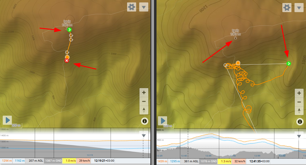 Two variometer tracks side by side: the flight cut short by the spoof, and the one that resumed afterwards